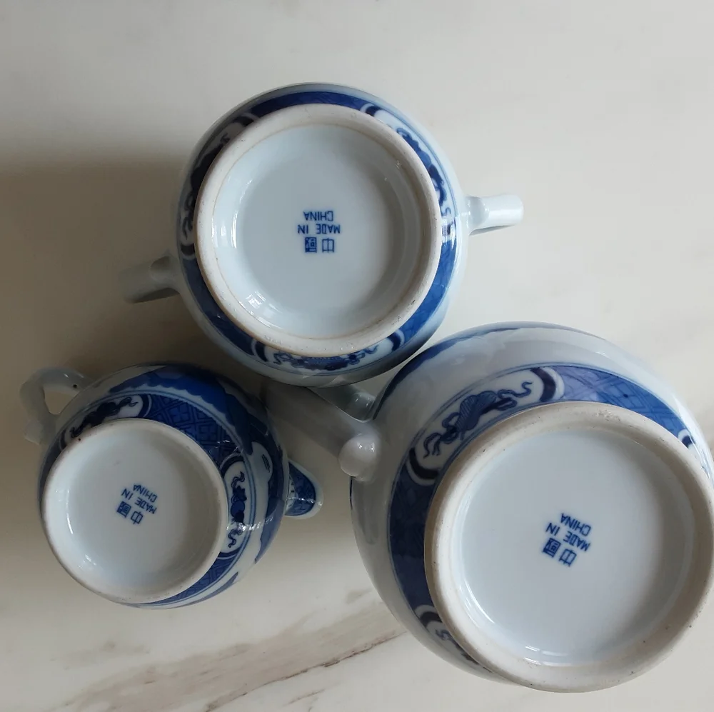 Jingdezhen Porcelain Blue & White Canton 3 Piece Tea Set - Vtg